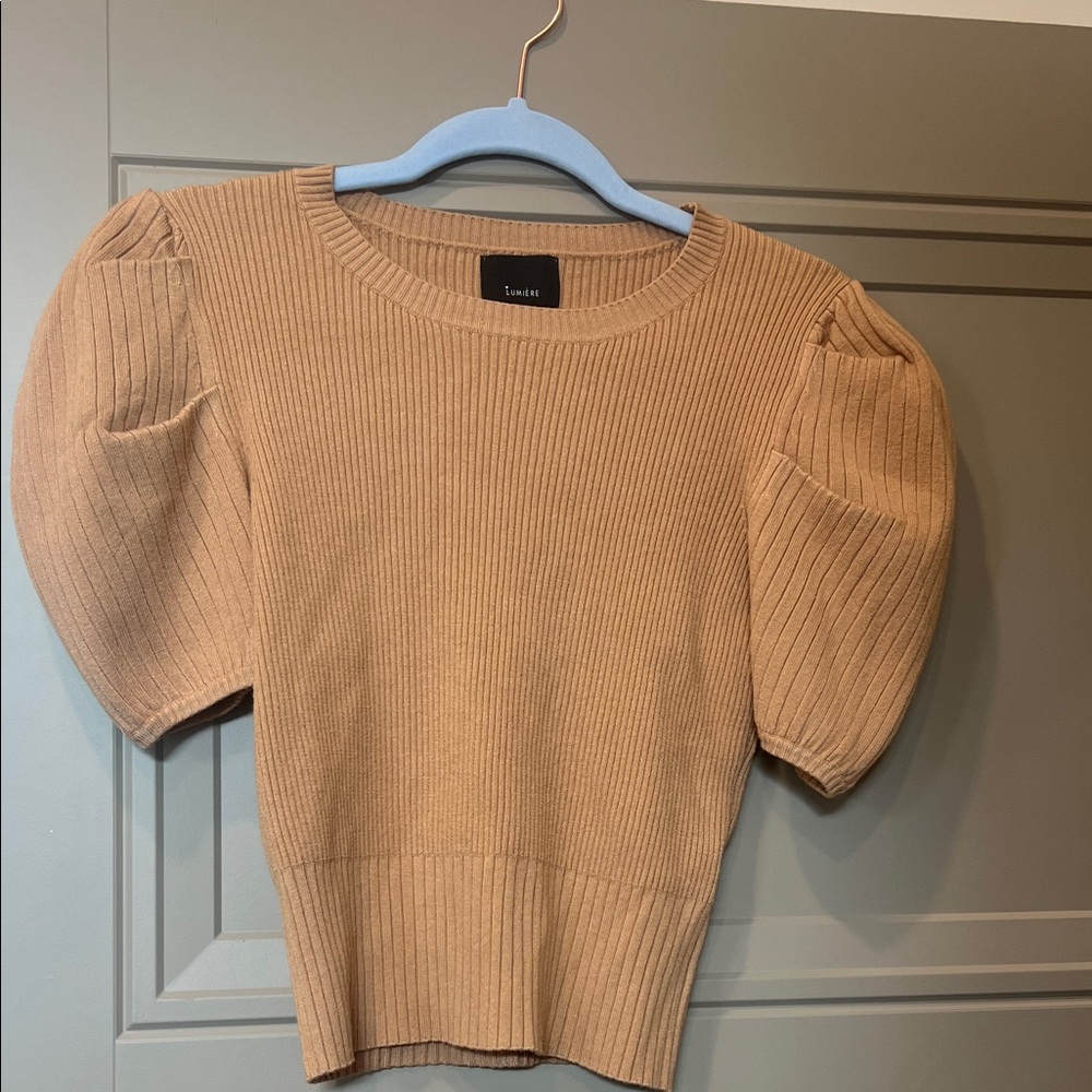 Lumiere Camel Ribbed Puff Sleeve Top